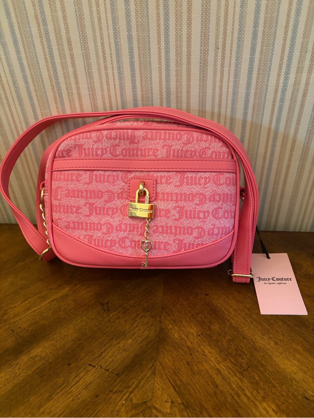 NEW NWT Juicy Couture Camera Crossbody Hot Pink Logo Canvas Purse Bag Lock Charm